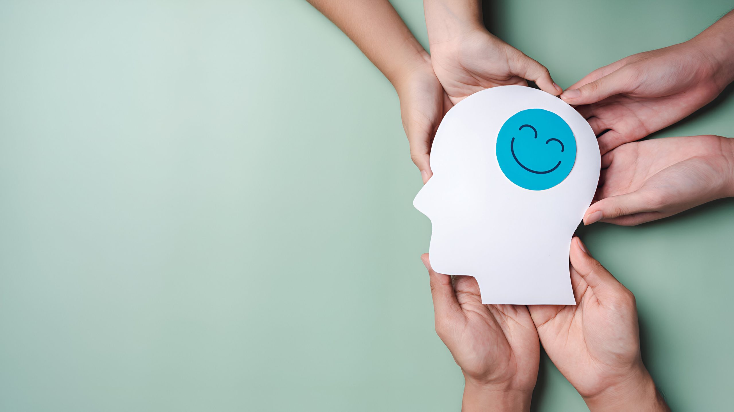 hands holding smile face brain paper cut happy smiley emotion relax mood hormones full energy feeling brain chemicals positive mental health concept